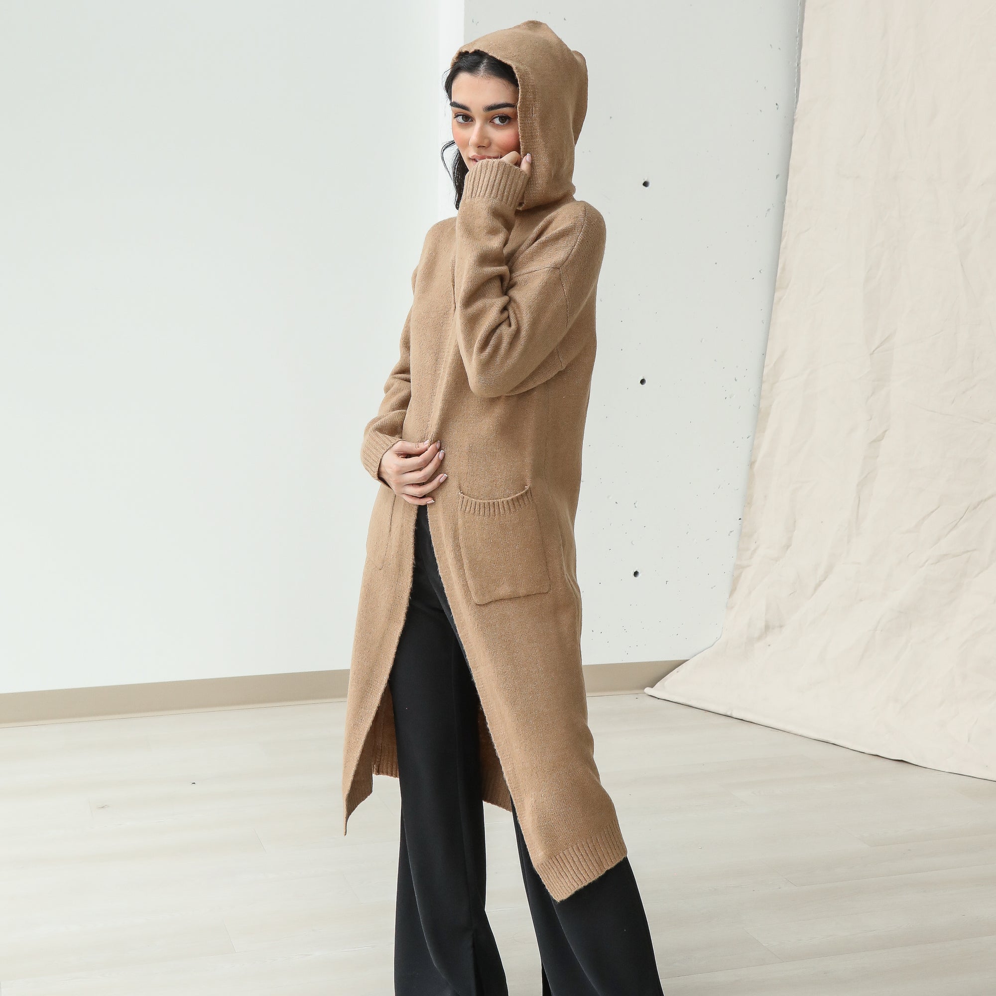 Hooded Maxi Cardigan in Camel