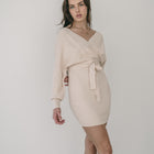 Crossover Sweater Dress Ribbed With Belt in Cream