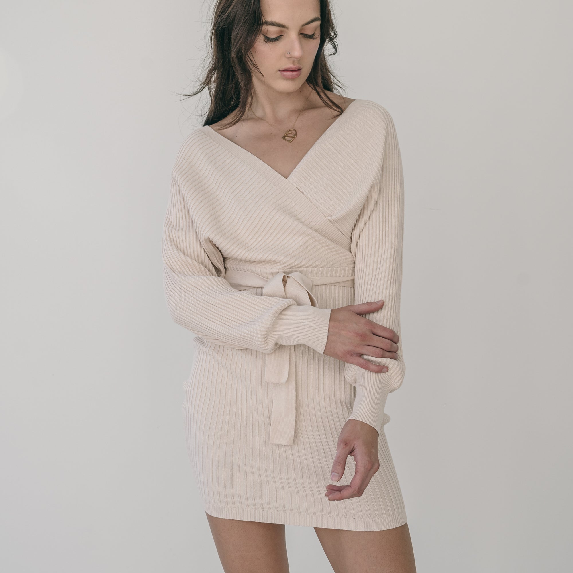 Crossover Sweater Dress Ribbed With Belt in Cream