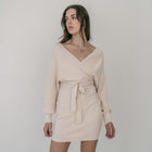 Crossover Sweater Dress Ribbed With Belt in Cream