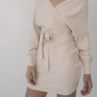 Crossover Sweater Dress Ribbed With Belt in Cream