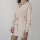 Crossover Sweater Dress Ribbed With Belt in Cream