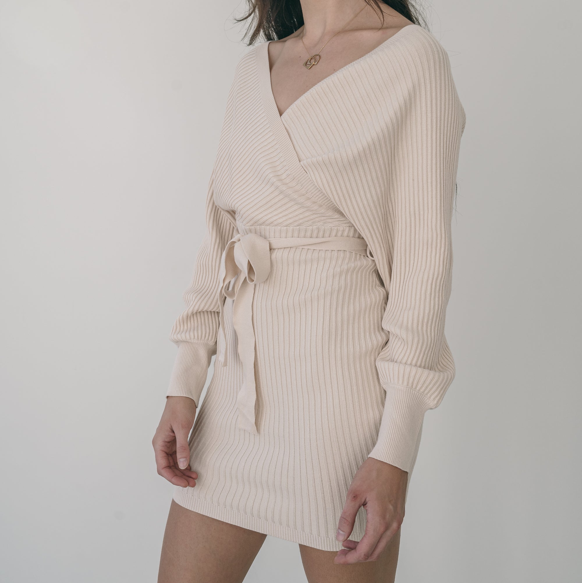 Crossover Sweater Dress Ribbed With Belt in Cream