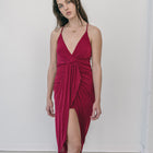 Goddess Drape Dress In Burgundy Nylon