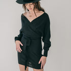 Crossover Sweater Dress Ribbed With Belt in Black