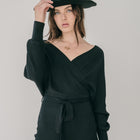 Crossover Sweater Dress Ribbed With Belt in Black