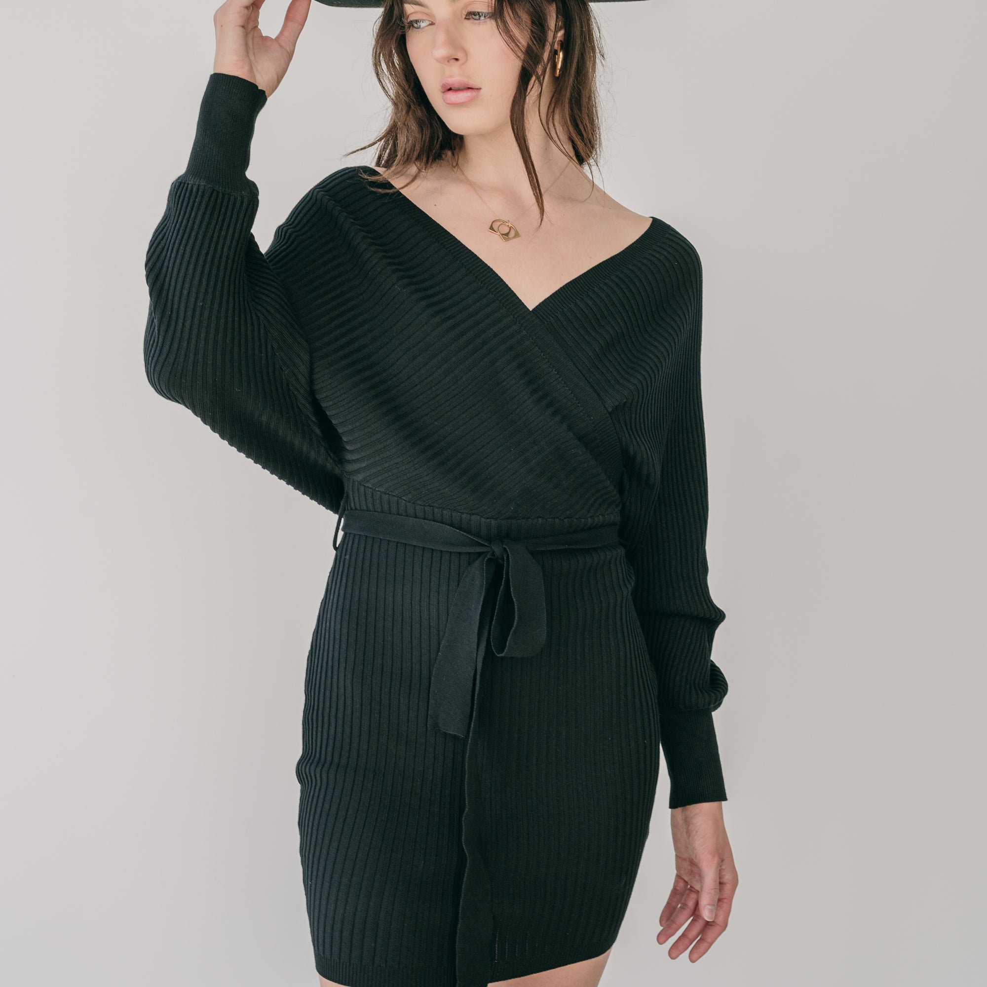 Crossover Sweater Dress Ribbed With Belt in Black