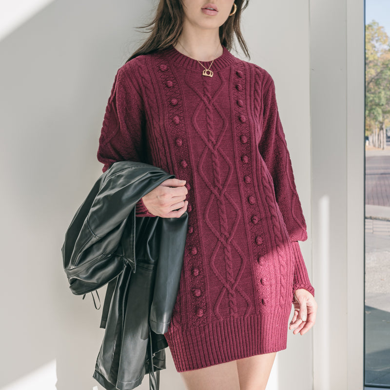 Last One - Burgundy Pom Pom Sweater Dress