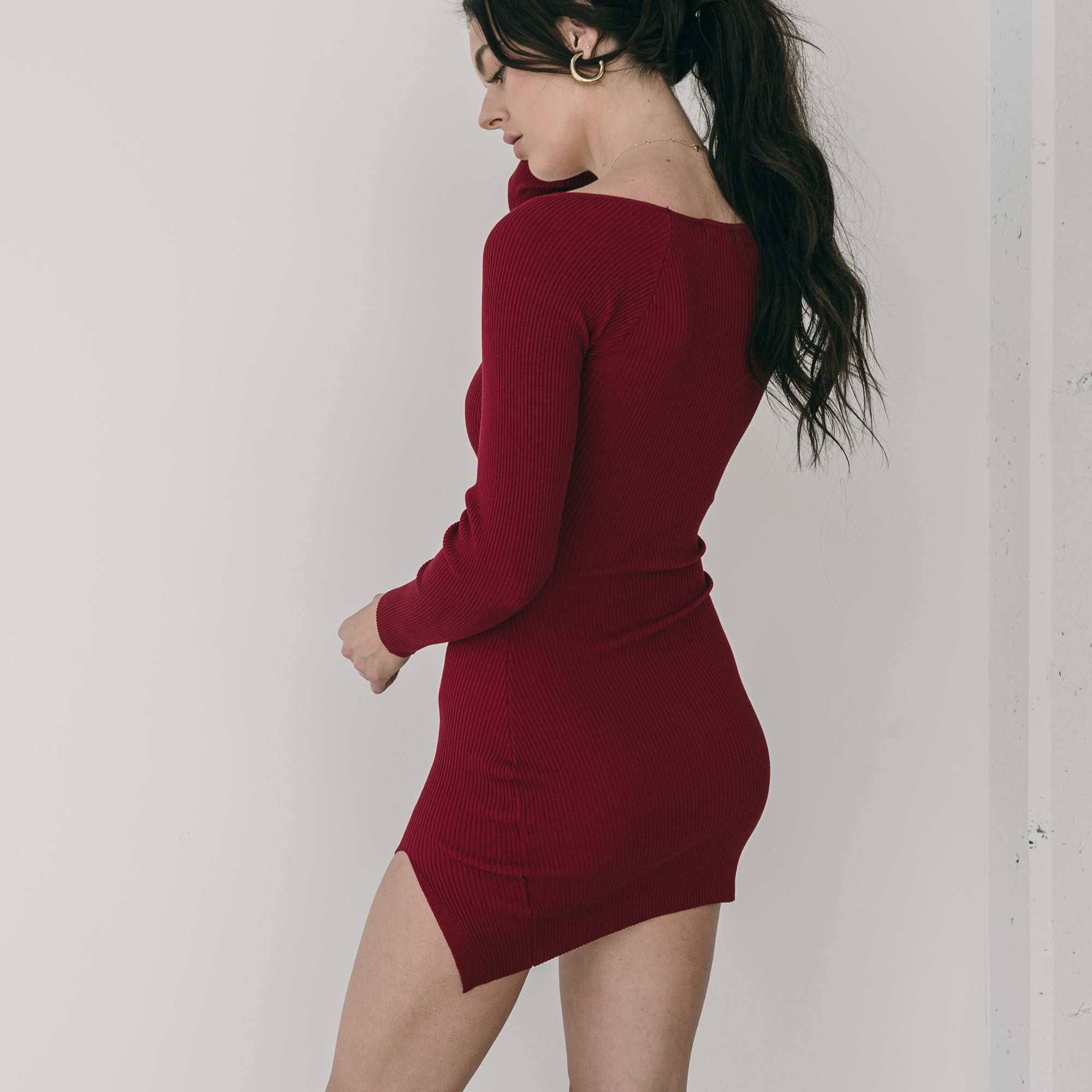 Seamless Long Sleeve Sweater Dress Short With Slit