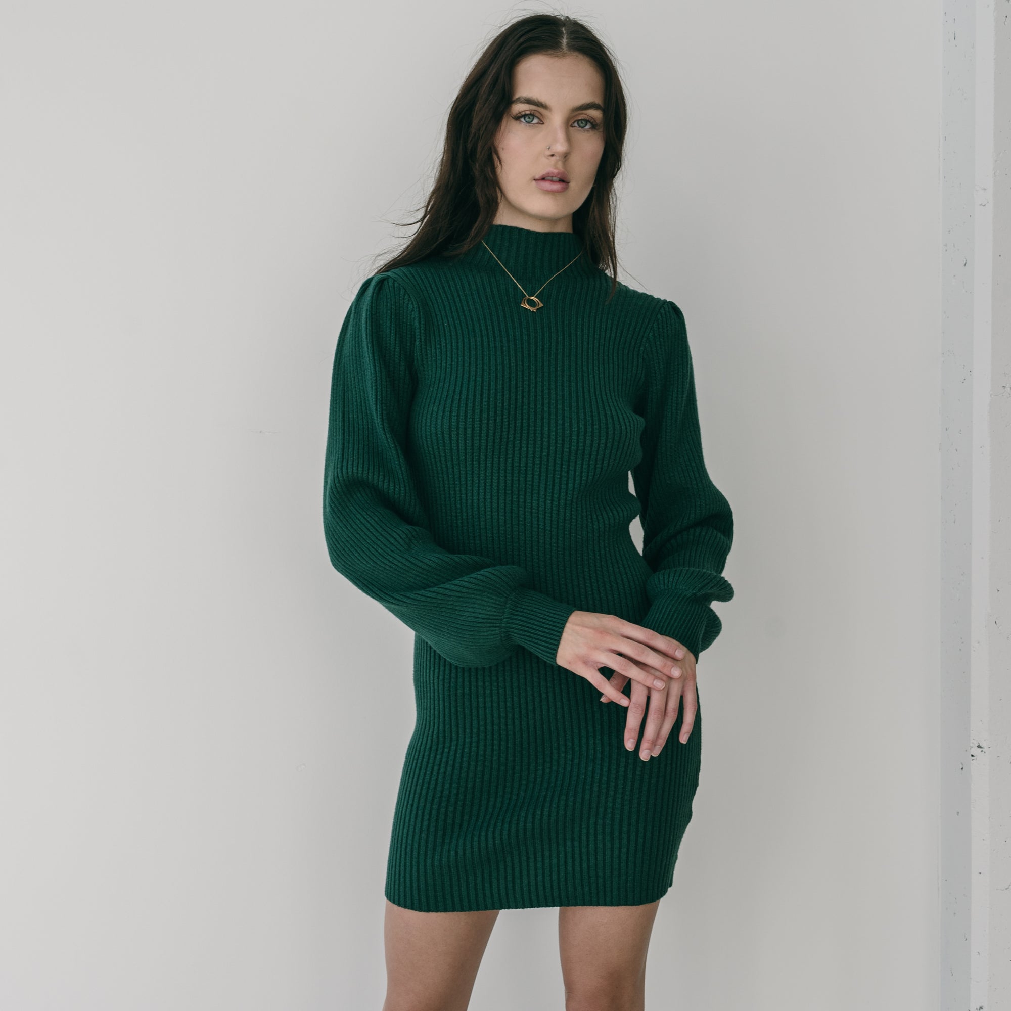 Heavy Ribbed Mock Neck Sweater Dress Short With Bishop Sleeves