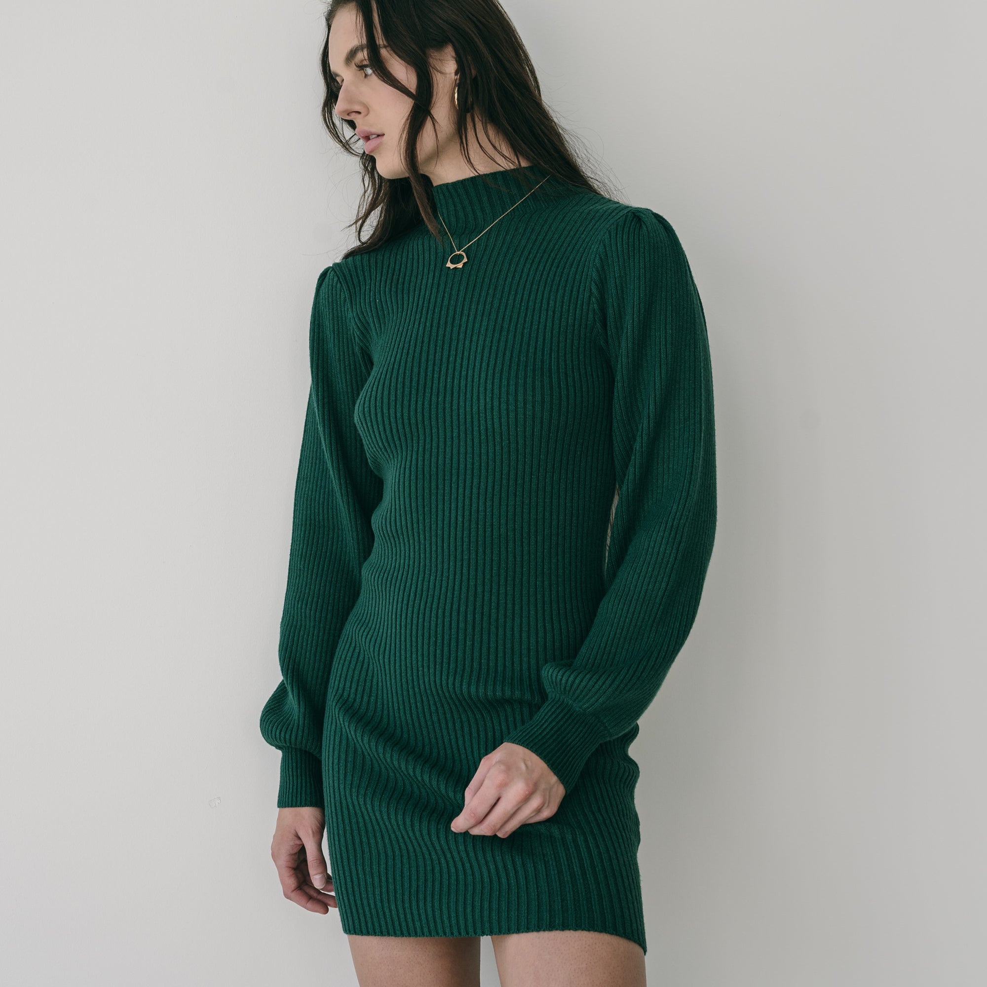 Heavy Ribbed Mock Neck Sweater Dress Short With Bishop Sleeves