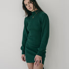 Heavy Ribbed Mock Neck Sweater Dress Short With Bishop Sleeves