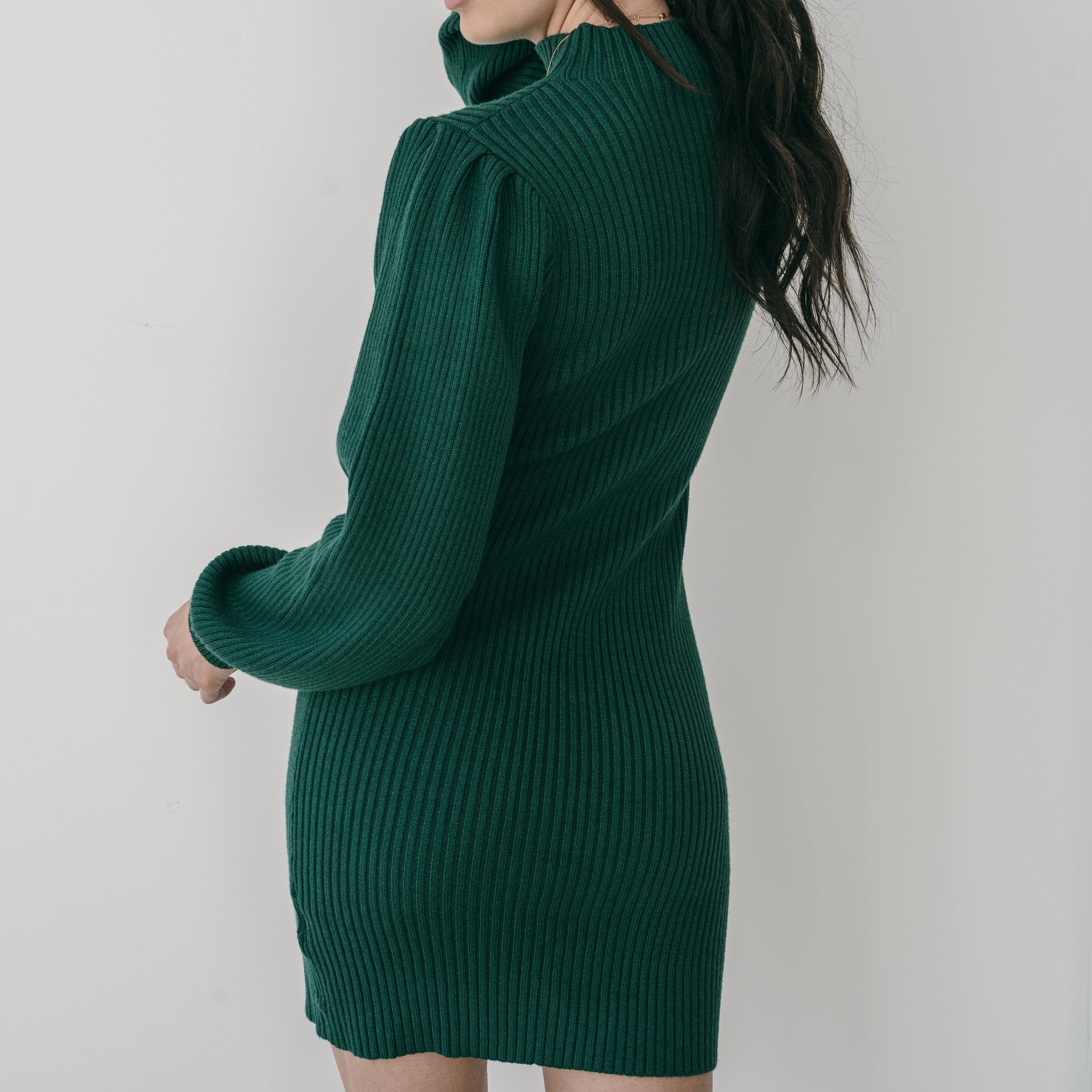 Heavy Ribbed Mock Neck Sweater Dress Short With Bishop Sleeves