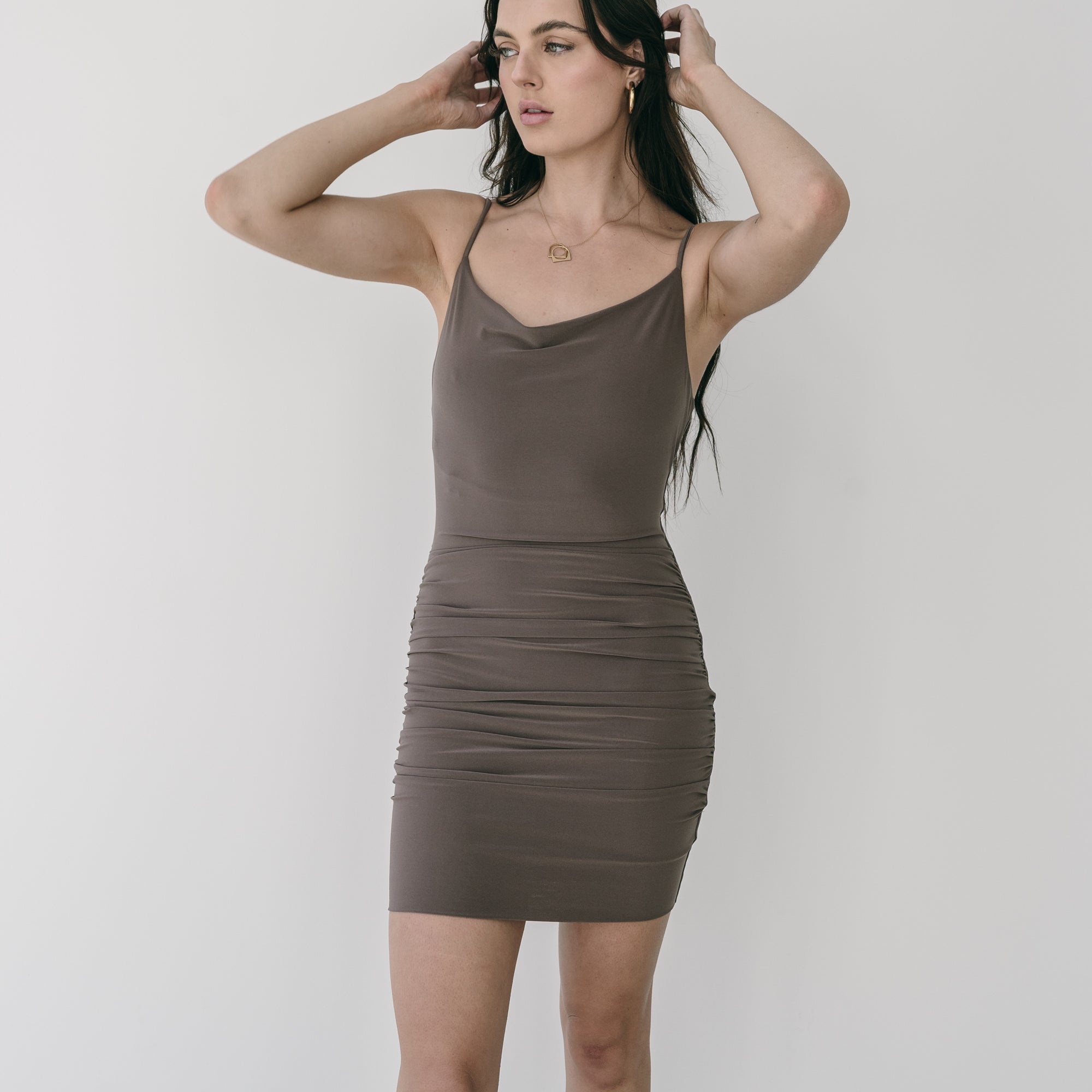 Cowl Neck Short Dress With Adjustable Straps Stretchy