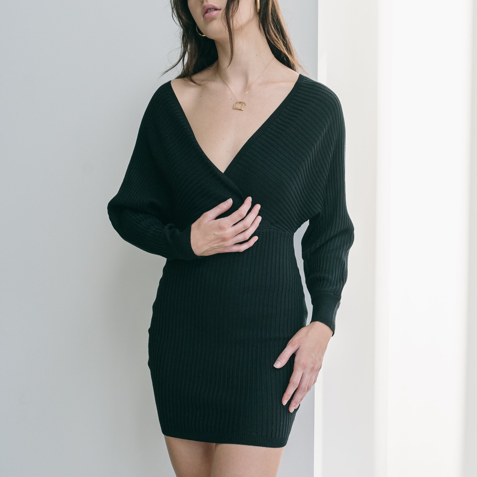 Crossover Bust Dress In Ribbed Knit