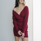 Crossover Bust Dress In Ribbed Knit in Burgundy