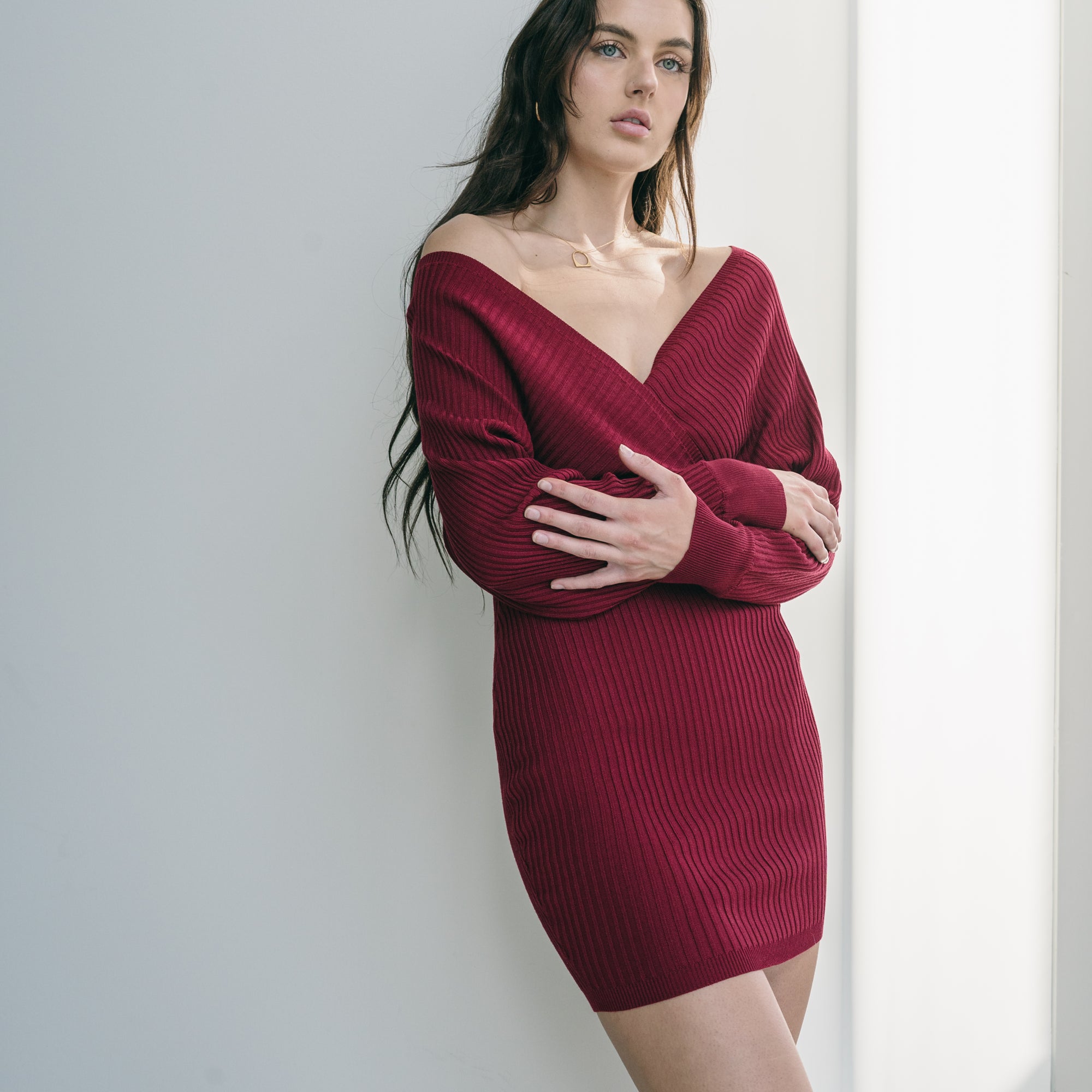 Crossover Bust Dress In Ribbed Knit in Burgundy