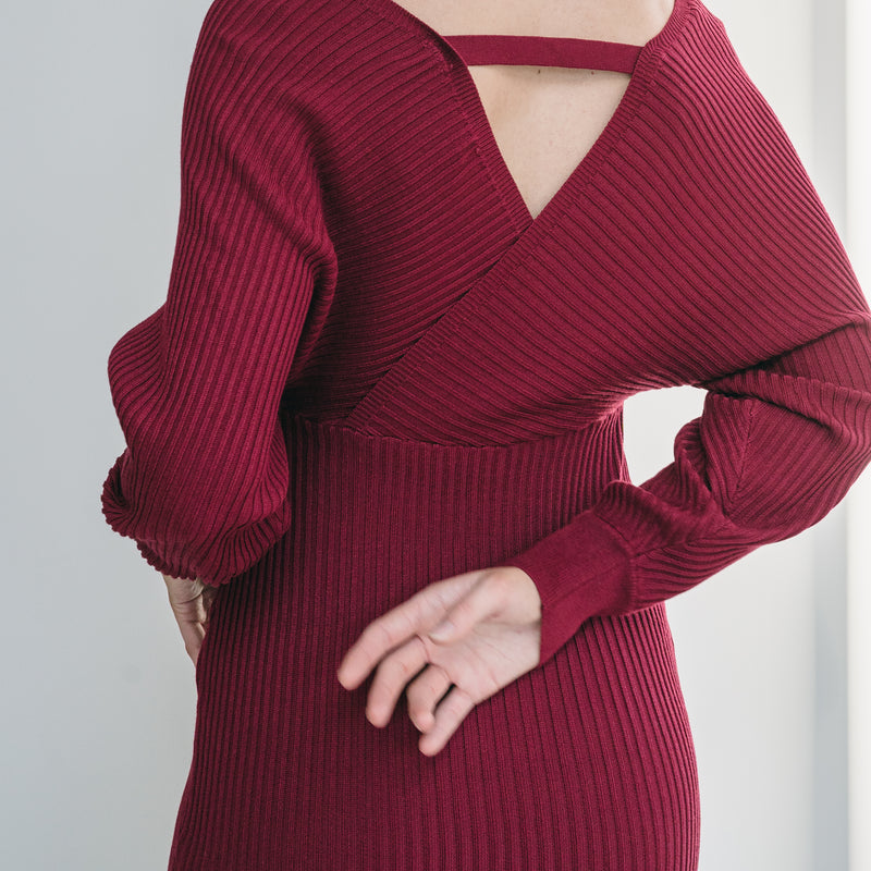 Crossover Bust Dress In Ribbed Knit in Burgundy