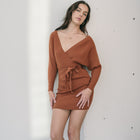 Crossover Short Sweater Dress Ribbed With Belt in Rust