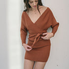 Crossover Short Sweater Dress Ribbed With Belt in Rust