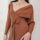 Crossover Short Sweater Dress Ribbed With Belt in Rust