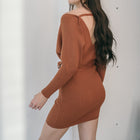 Crossover Short Sweater Dress Ribbed With Belt in Rust