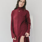 High Neck Sweater Dress With Slit in Burgundy