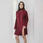 High Neck Sweater Dress With Slit in Burgundy