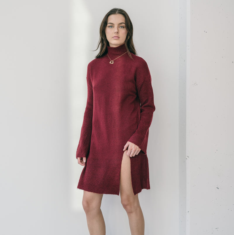 High Neck Sweater Dress With Slit in Burgundy