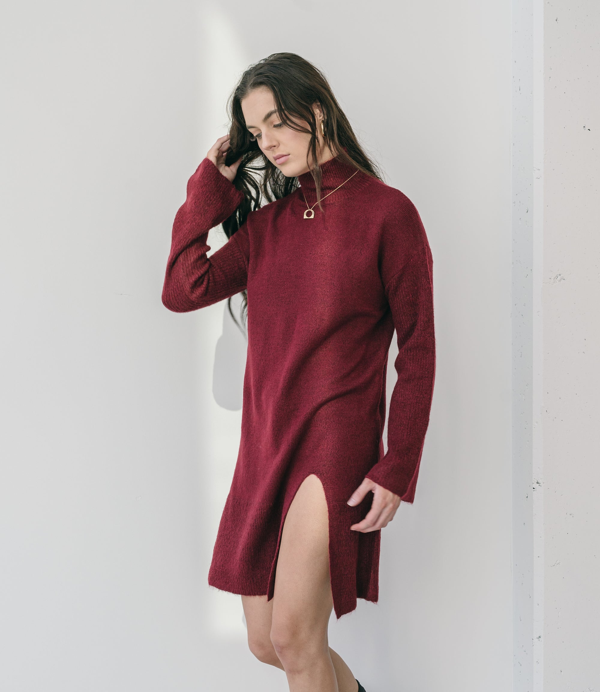 High Neck Sweater Dress With Slit in Burgundy