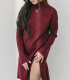 High Neck Sweater Dress With Slit in Burgundy