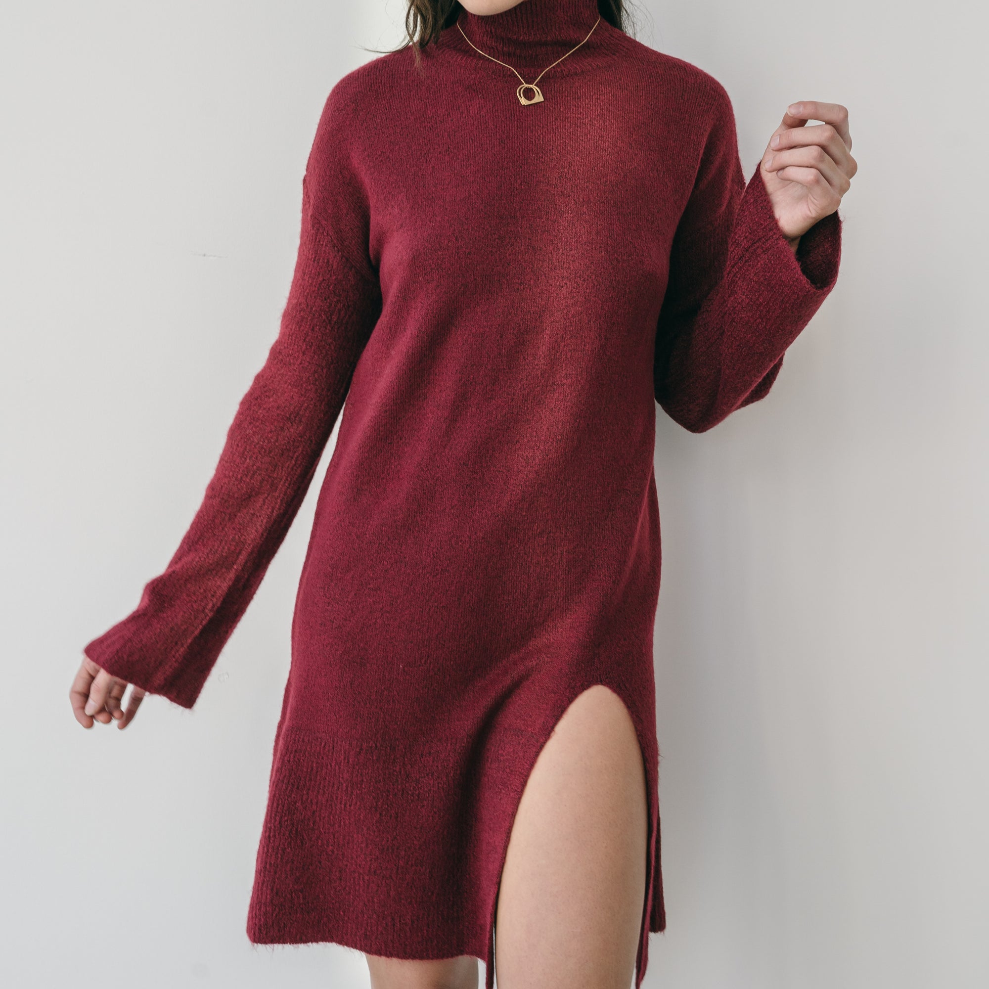 High Neck Sweater Dress With Slit in Burgundy