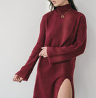 High Neck Sweater Dress With Slit in Burgundy