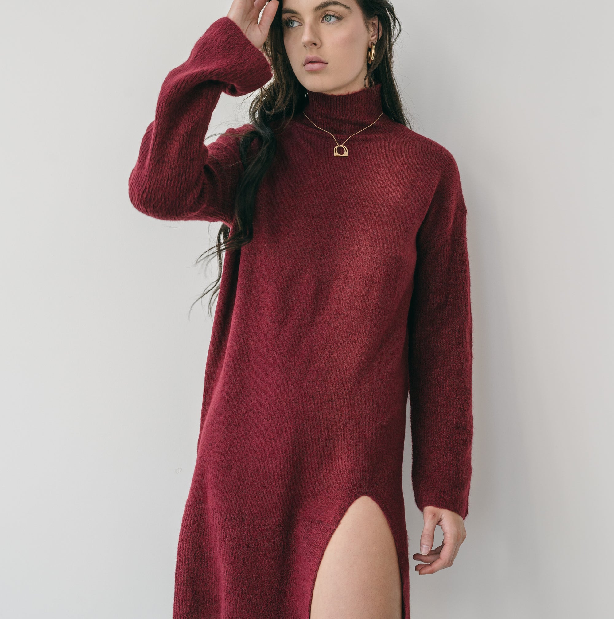 High Neck Sweater Dress With Slit in Burgundy