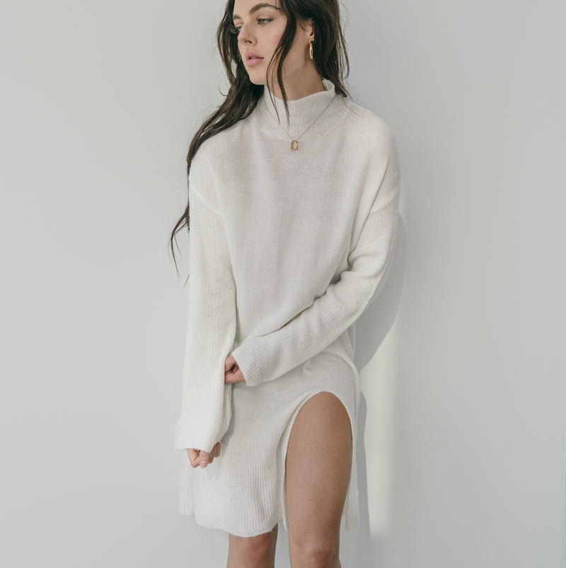 High Neck Sweater Dress With Slit in Cream