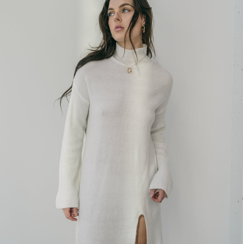 High Neck Sweater Dress With Slit in Cream