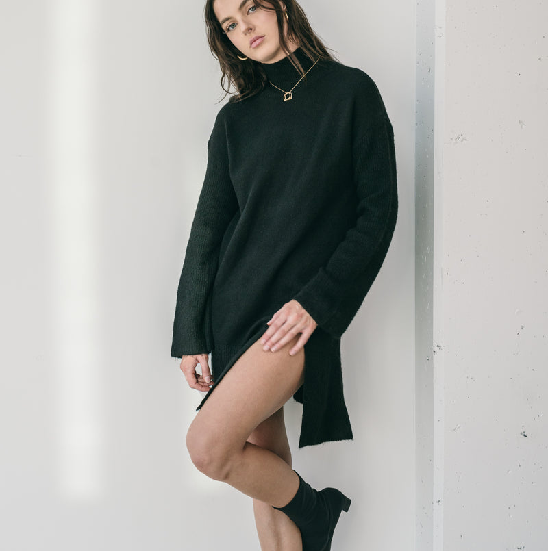 Last One - High Neck Sweater Dress With Slit in Black