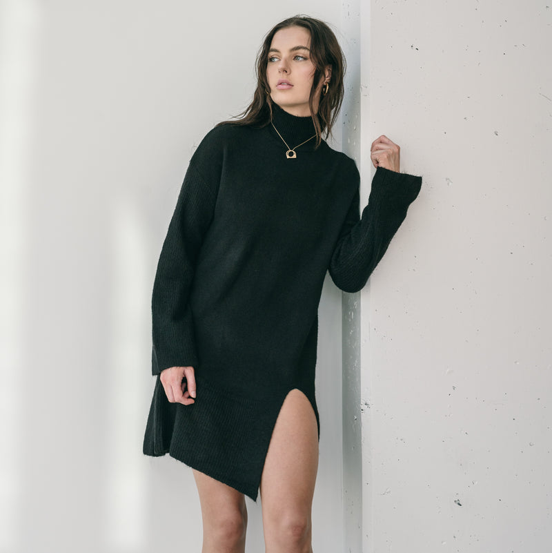 Last One - High Neck Sweater Dress With Slit in Black