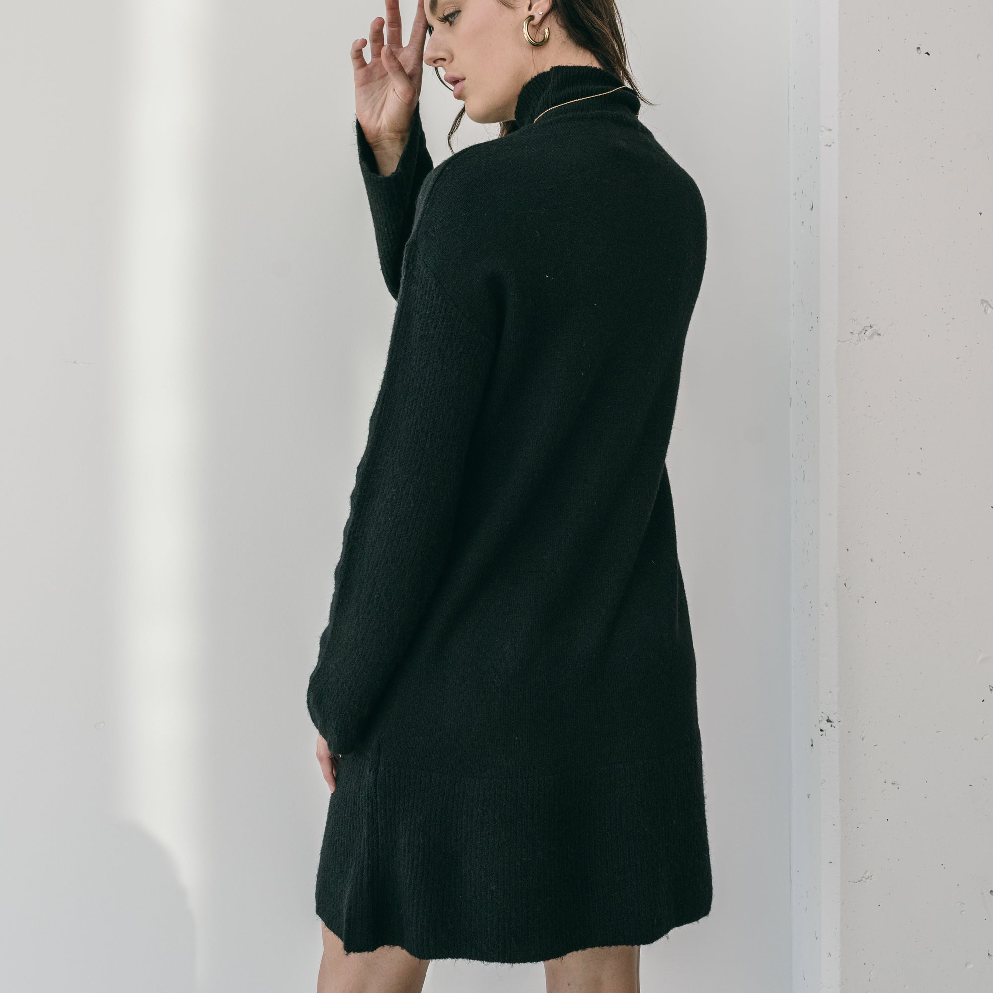 Last One - High Neck Sweater Dress With Slit in Black