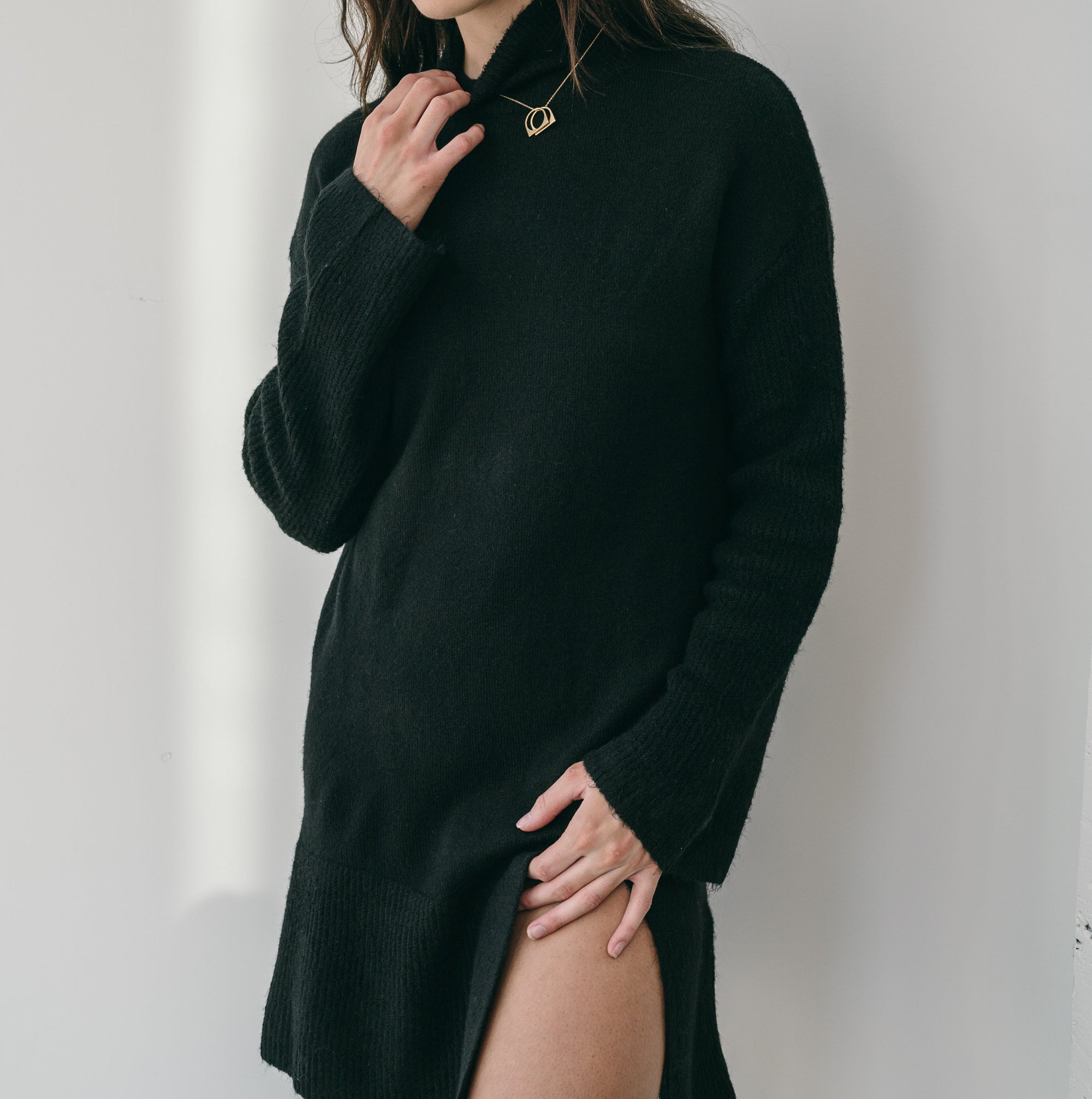 Last One - High Neck Sweater Dress With Slit in Black