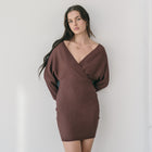 Crossover Bust Dress In Ribbed Knit in Brown