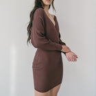 Crossover Bust Dress In Ribbed Knit in Brown