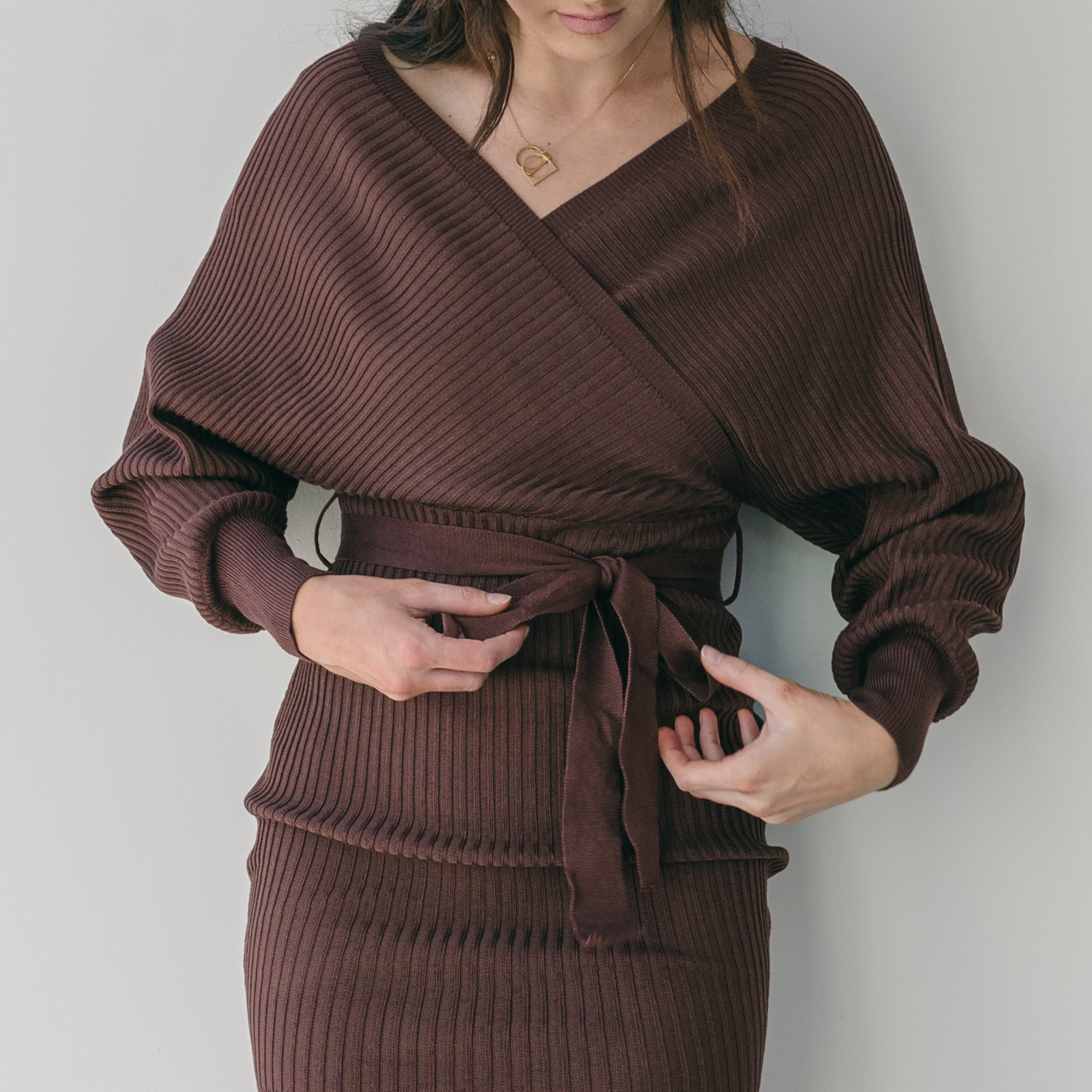 Crossover Sweater Dress Ribbed With Belt in Brown