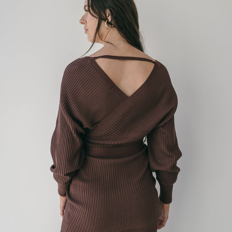 Crossover Sweater Dress Ribbed With Belt in Brown