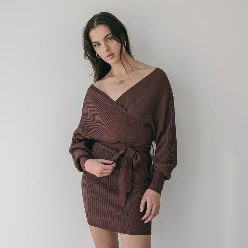 Crossover Sweater Dress Ribbed With Belt in Brown