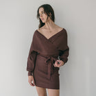 Crossover Sweater Dress Ribbed With Belt in Brown