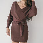 Crossover Sweater Dress Ribbed With Belt in Brown