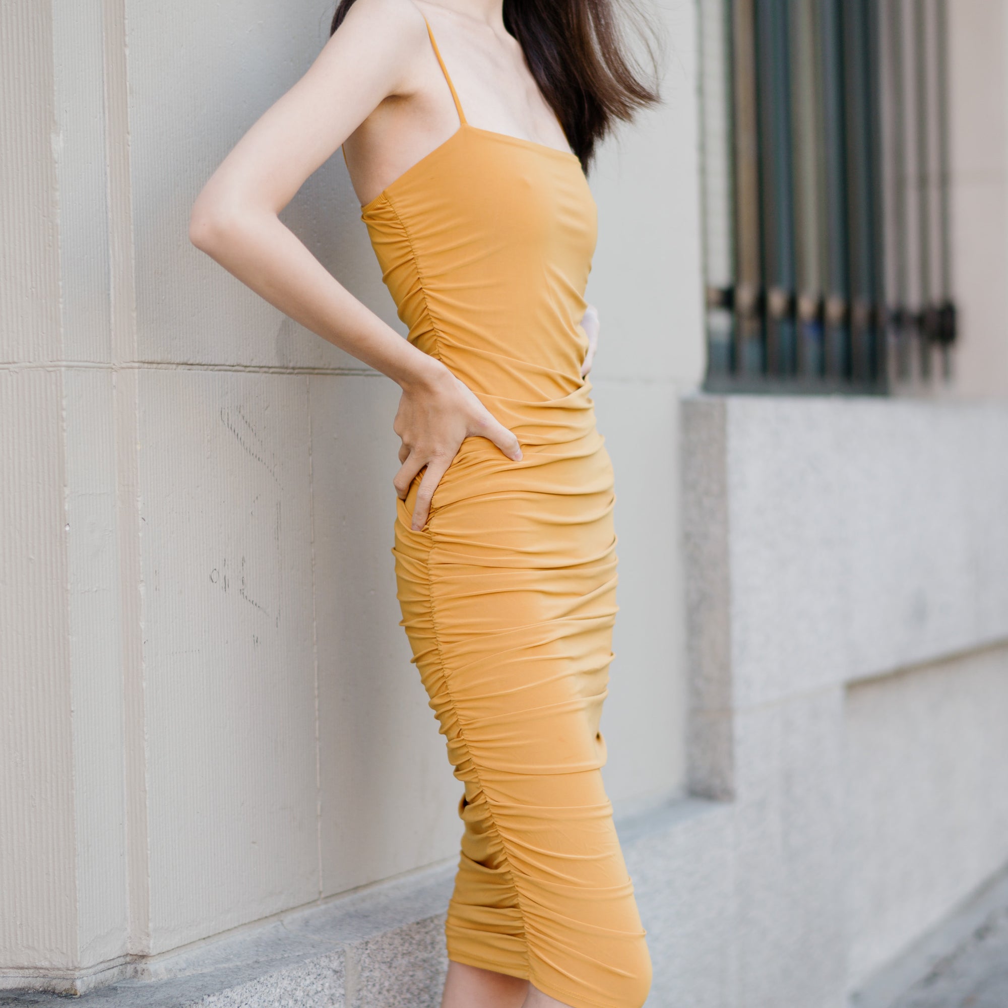 Last One - Silky-Luxe Ruched Midi Dress in Performance Fabric