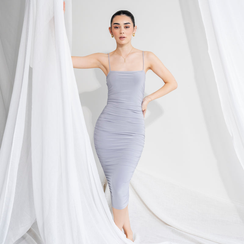 Silky-Luxe Ruched Midi Dress in Performance Fabric