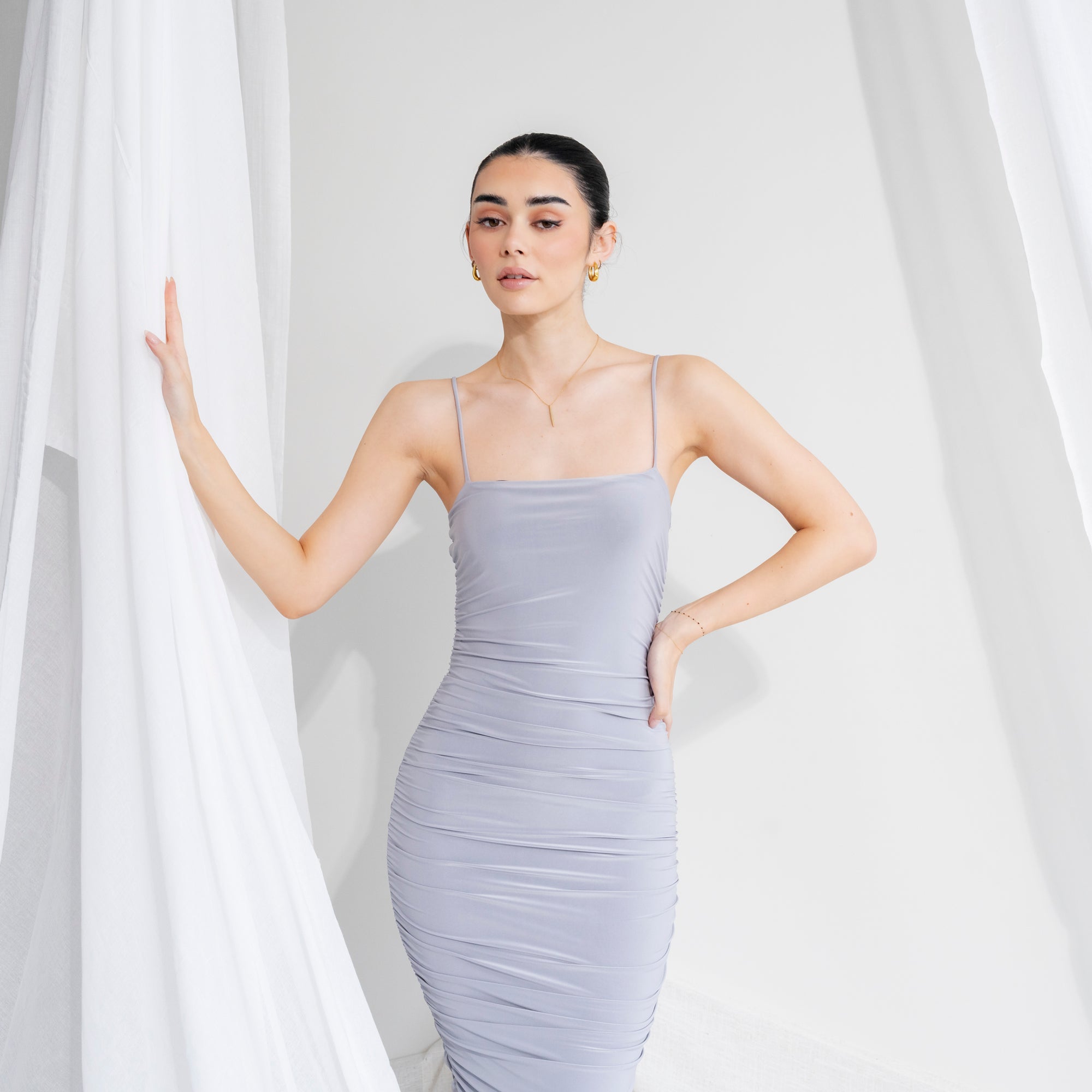 Silky-Luxe Ruched Midi Dress in Performance Fabric